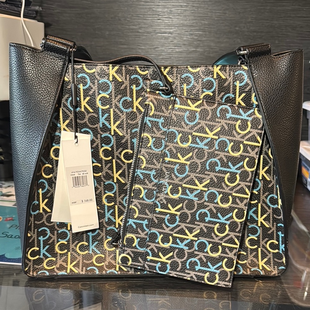 Calvin Klein Black and Yellow Geometric Tote Bag